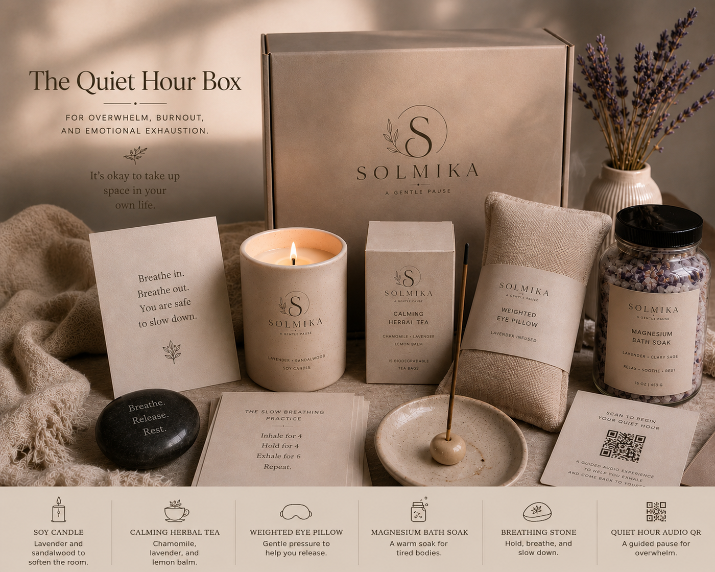 Solmiika 'The Quiet Hour Box' with various items including a candle, tea, and pillow on a neutral background.