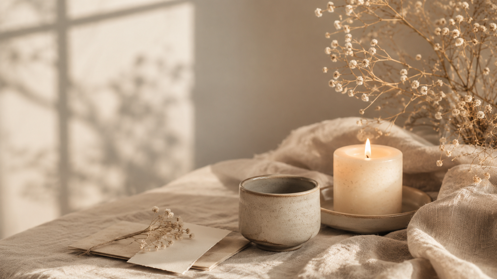 A calm ritual setting with linen, candle and dried flowers
