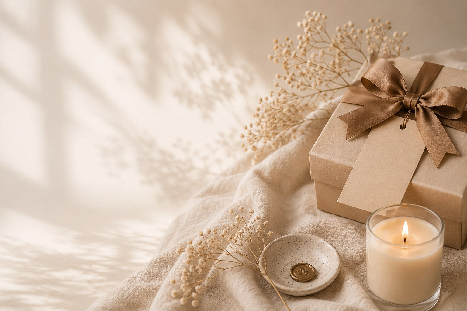 Solmika birthday gift box styled with warm neutral tones, linen, candlelight, and quiet celebration.