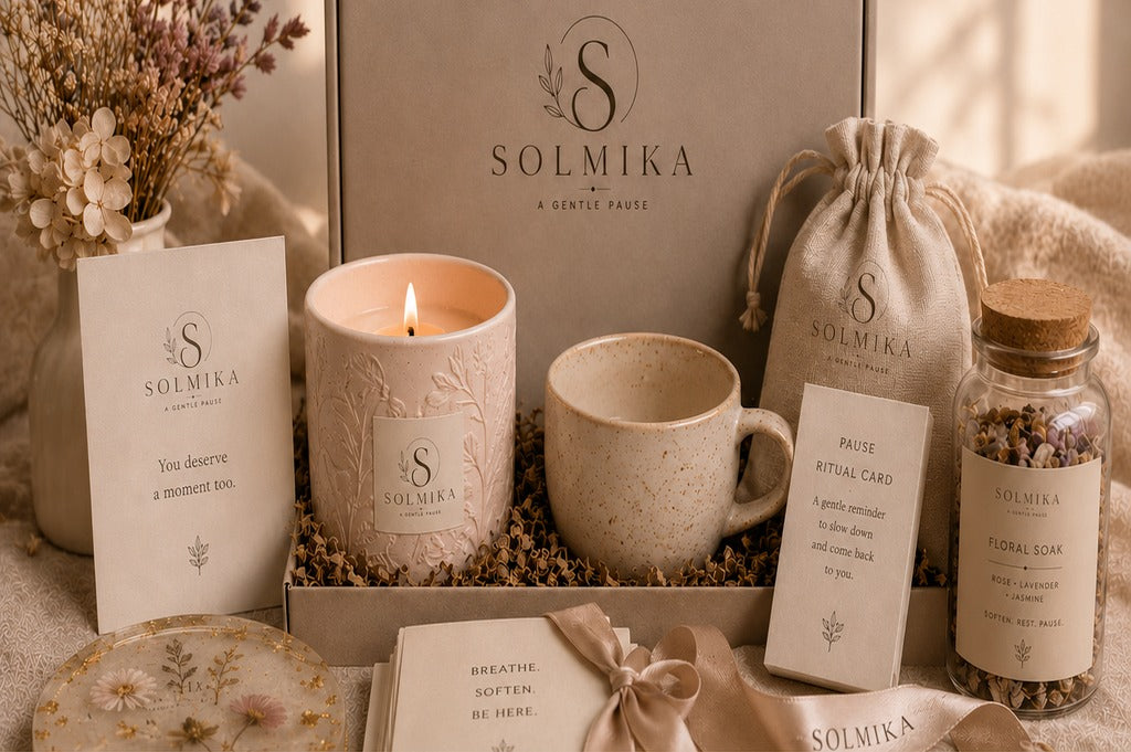 Solmika Christmas gift boxes styled with linen, candlelight, and warm neutral tones.