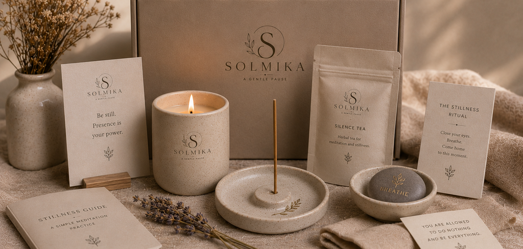 Solmika Stillness Box with candles, tea, and other items on a neutral background