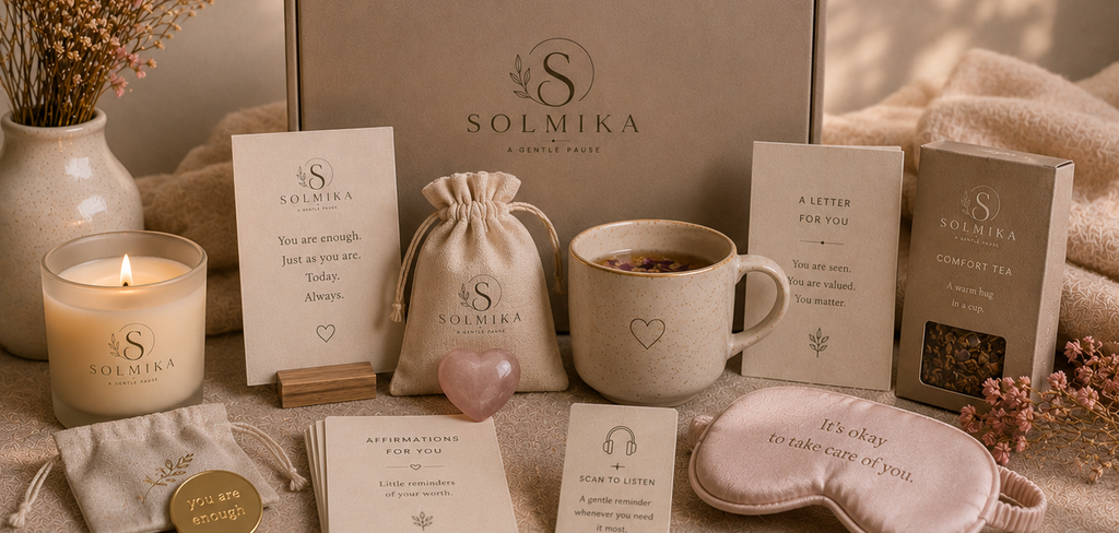 Solmika self-care box with items including a mug, candle, and cards on a soft surface.